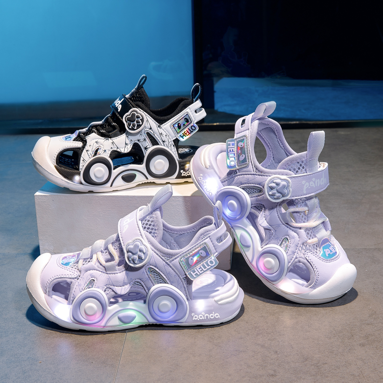 Velcro Strap Sandal - Kids Panda Cartoon Light Up Car